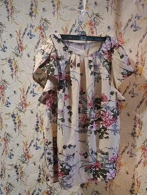 SHEIN Cream Floral Cold-Shoulder Top with Pink Accents